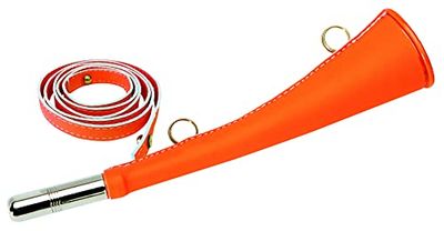 Januel Jachthoorn – platte hoorn – lengte 25 cm – met kunstleer – transportringen – neonoranje – met schouderriem – verwisselbare pipet