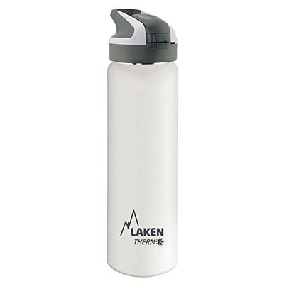 LAKEN Botella de Agua Térmica al Vacío de Acero Inoxidable de Doble Pared (0,75L - Blanco) Tecnología de 24 Horas de Frío - Ideal para Trabajo o Deporte - Cierre Hermético y Uso Vertical