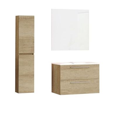 Baikal Conjunto de Baño. Mueble de Baño de 2 Cajones, Suspendido en Pared, Incluye Columna de Baño Kit, Lavabo Cerámico y Espejo Liso. Mueble de Fondo de 46cm. Mueble MONTADO.