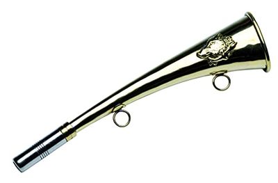 Januel Cuerno de caza, cuerno plano, cuerno de caza en huelga, longitud de 25 cm, anillos de transporte soldados, decoración de jabalí, latón chapado en oro, silbato intercambiable