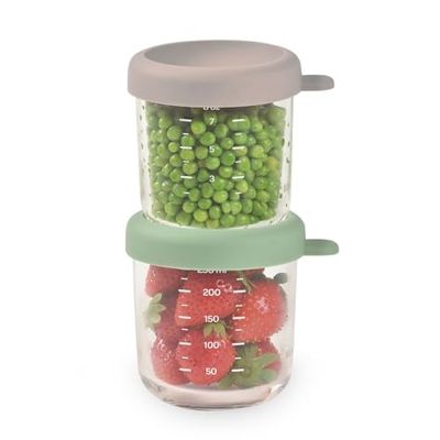 BÉABA, Lote de 2 Tarros de Conservación para Bebé, Tupper en Cristal, Resistente al calor, Recipientes para guardar la comida de Bebé, Con indicador de cantidad, 250 ml, Verde salvia/Gacela
