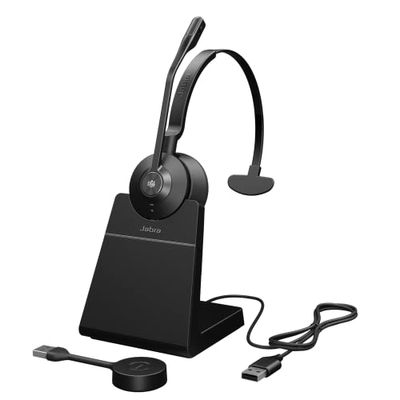 Jabra Engage 55 - Micro-casque mono sans fil avec adaptateur DECT USB-A Link 400, Microphone à réduction de bruit, Portée étendue et base de chargement - Certifié MS Teams - Noir