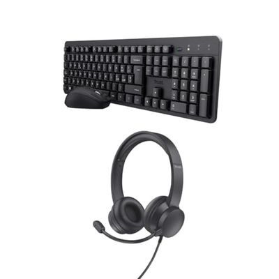 Trust Ymo II Tastiera e Mouse Wireless Silenziosi Italiano QWERTY + USB Cuffie con Microfono Leggere On-Ear, Kit Senza Fili e Auricolari con Filo 1,80 m per PC Portatile Computer Laptop Mac Ufficio