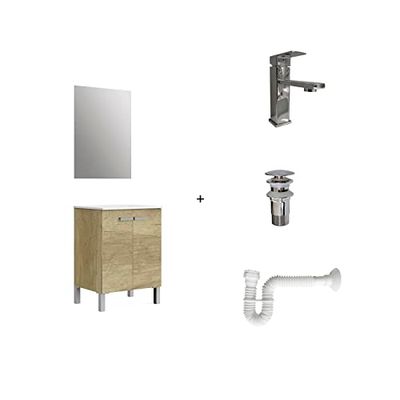 Baikal Pacchetto soluzione completa include: mobile da bagno, lavabo in ceramica, rubinetto, sifone estensibile e valvola di scarico, mobile montato in un unico con specchio 60 cm Nature