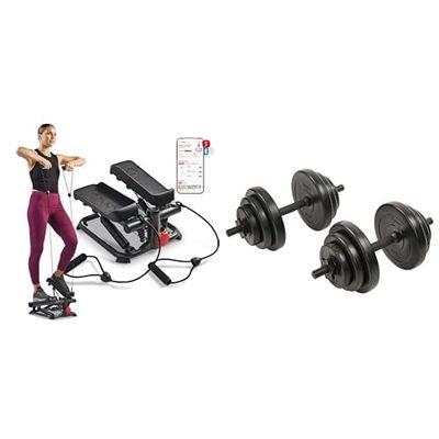 Sunny Health and Fitness Total Body Smart 2-in-1 Stepper Machine, Total Body Workout, Adjustable + Exercise Vinyl 18 KG Dumbbell Set Hand Weights for Strength Training, Weight Loss, Workout Bench