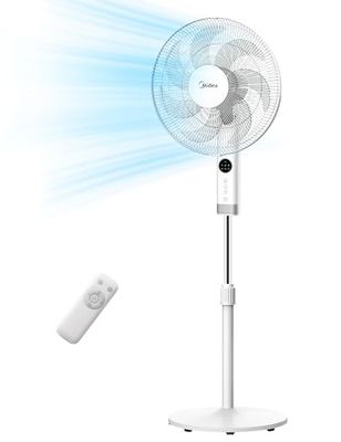 Midea MFS400R0APW Staande ventilator, 50 W, stille ventilator met led-display, DC-motor, afstandsbediening, ventilator met 7 bladen, oscillatie, groot windvolume, schattige timer, 8 uur, 3 snelheden