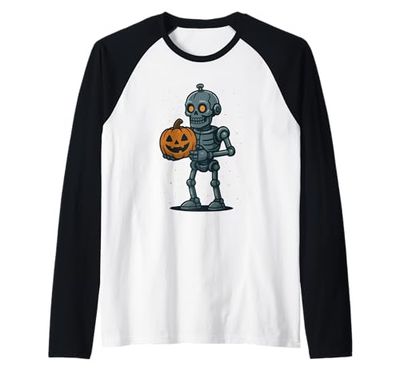 Robot Skeleton with Pumpkin Raglan Baseball Tee