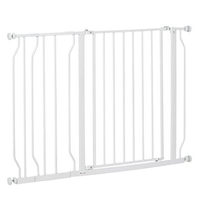 PawHut Dog Gate Wide Stair Gate w/ Door Pressure Fit Pets Barrier for Doorway, Hallway, 76H x 75-115W cm - White