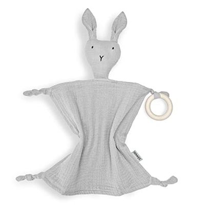 Sämann Snuffeldoek mousseline - knuffeldoek baby incl. bijtring - slaaphulp voor jongens en meisjes - fopspeenketting katoen haas grijs