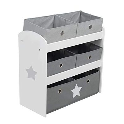 roba Estantería de Almacenamiento Stars para Habitaciones de Niños y Niñas - 5 Cajas en Tela para Juguetes - Organizador Infantil - Estrellas Blancas / Grises