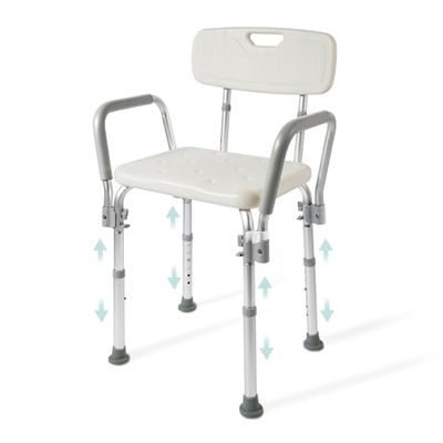 EMKE Tabouret de douche pour personnes âgées - Avec accoudoirs et dossier - Antidérapant - Réglable en hauteur - Charge maximale : 135 kg