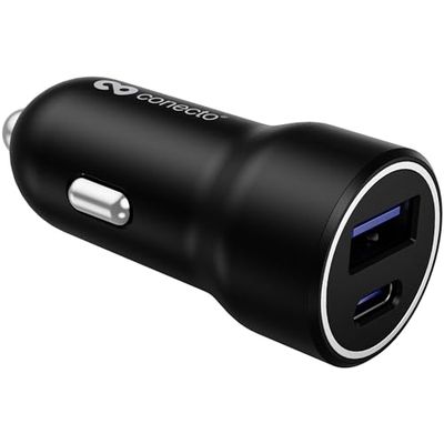 conecto USB-C-laddare, billaddare 12 V 2 portar, 1 x USB-C 20 Watt Max. PD, 1x USB A 18 watt max., snabbladdare, mobiltelefonladdare, svart