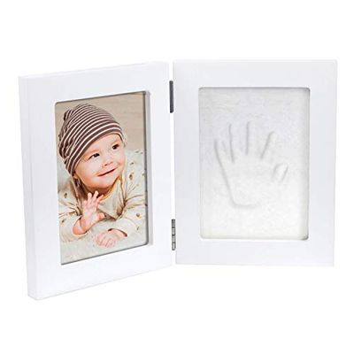 Happy Hands liten dubbelram handavtryck set för en baby hand- eller fotavtryck och ett foto att minnas (mått: 13 x 17 cm, lätt att hantera, inklusive hudvänlig modelleringsmassa), vit