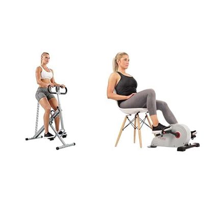 Sunny Health & Fitness Magnetic Under Desk Pedal Exerciser, Dual Function Mini Exercise Cycle Bike + Squat Assist Upright Row-N-Ride Rowing Machine, Horse Riding Machine, Full Body Exercise