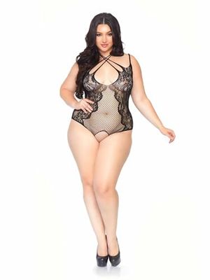 Leg Avenue Crotchless Teddy +, Black, 1X-2X