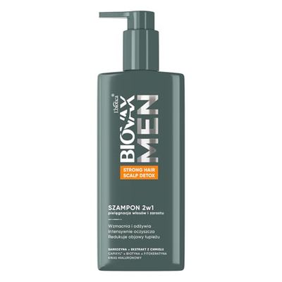 Biovax Men Strong Hair & Scalp Detox Shampooing 2-en-1 Soin des cheveux et des poils du visage, 200 ml