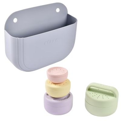 BÉABA, Set van 4 badspeelgoed voor baby's: opbergmand met zuignap en set van 4 siliconen badspeelgoed, stapelbaar, inschuifbaar, 2 vakken, kiezelsteen en multikleuren