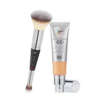 IT Cosmetics, Lot de 2 produits, Crème CC+ Anti-Âge Your Skin But Better, Haute Couvrance, Waterproof, Fini Naturel, 32 ml, Teinte Medium Tan + Heavenly Luxe 7, Pinceau Double Embout
