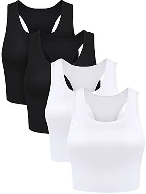 Boao 4 Pieces Basic Crop Tank Tops Sleeveless Racerback Crop Sport Top for Women, Black, White, S