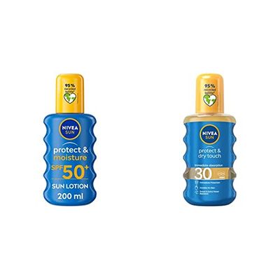 NIVEA SUN Protect & Moisture Sun Spray SPF 50+, Moisturising Suncream Spray with SPF 50+ & SUN Protect & Dry Touch Cooling Sun Spray, Water-Resistant SPF 30 Sun Cream