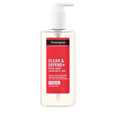 Neutrogena Clear & Defend+ Face Wash (1x 200ml), Purifying Facial Wash for Acne-Prone Skin with Salicylic Acid and AHA/PHA, Fragrance-Free Face Wash for Spot-Prone Skin to Help Prevent Breakouts