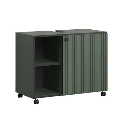 trendteam smart living - PureBliss - Meuble de lavabo sur roulettes - Vert - Meuble de Salle de Bain avec 2 Compartiments Ouverts - 80 x 64 x 42 cm - Armoire de Salle de Bain avec Aspect rainuré