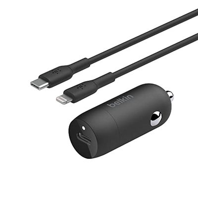 Belkin BOOST↑CHARGE™ 30W Fast Car Charger, Compact Design w/USB-C Power Delivery Port, USB-C to Lightning Cable Included, Universal Compatibility for iPhone 14 Series, iPad, and More - Black