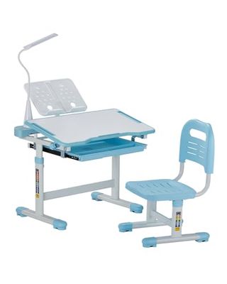VEVOR Set van tafel en stoel voor kinderen, draagkracht 100 kg, in hoogte verstelbaar bureau van 53-71 cm, met tafellamp en 0-40° kantelbaar tafelblad voor slaapkamer, blauw