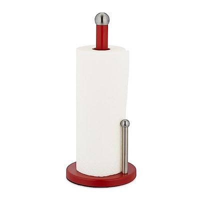 Relaxdays Kitchen Roll Holder, Bamboo, Stainless Steel, Standing Paper Towel Rack with Stopper, HxØ: 35x15cm, Silver/Red, 35 x 15 cm