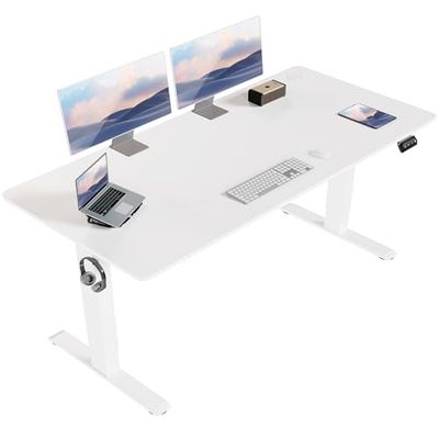 JUMMICO Escritorio Ajustable en Altura 140 x 60 cm, Escritorio de pie (71 – 119 cm), Altura Regulable eléctrica con Control de 2 memorias y función anticolisión (Blanco)