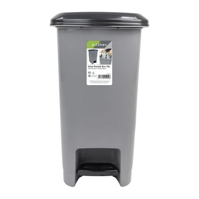 JVL Slim Plastic Lidded Foot Pedal Waste Bin, 15L, Grey