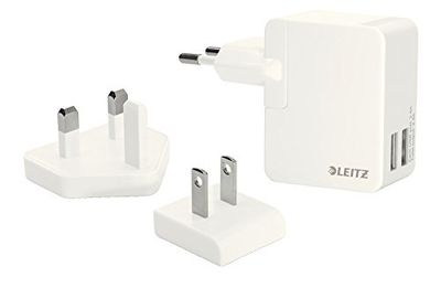 Leitz 65200001 - Cargador de Pared de Viaje, con 12 vatios, 2 Puertos USB, 2,4A. con adaptadores para Reino Unido, USA y Europa. Color Blanco