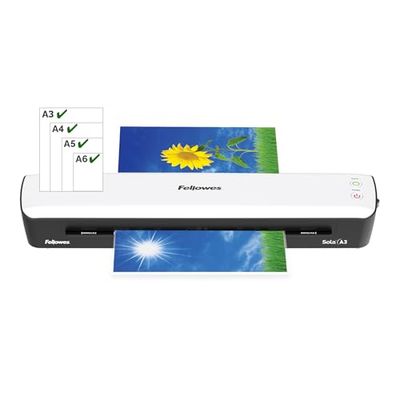 Fellowes Plastificatrice Sola A3, Formato A3, Fino a 125 Micron, Uso Domestico, Plastificatrice con Leva di Sblocco e Modalità Riposo, Riscaldamento in 4 Minuti, Colore Bianco [ESCLUSIVA AMAZON]