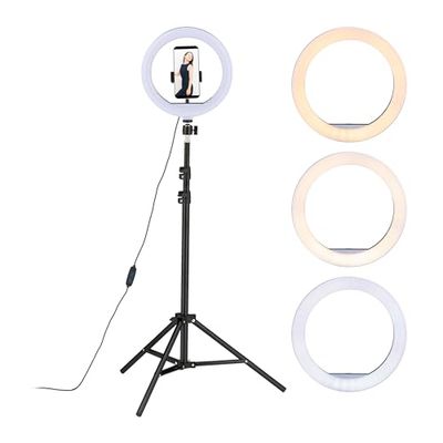 Relaxdays Anneau LED sur Pied, Lampe 10" réglable, créations artistiques, Photos, vidéos, Support Portable, Blanc - Noir