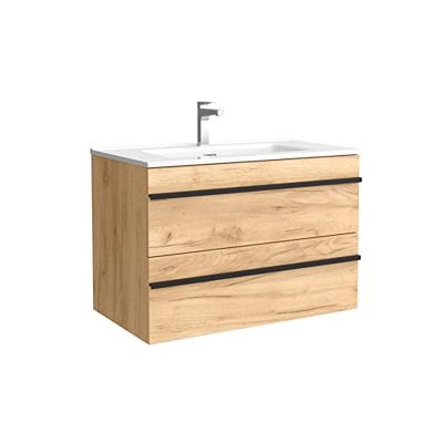 Salgar Mueble de baño Born 80 cm 100% montado de fábrica | Acabado Roble suspendido 2 cajones Cierre amortiguado Apertura Tirador Perfil | Lavabo Porcelana Blanca | Marca