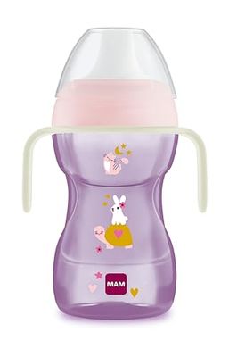 MAM Leerbeker, vanaf 8 maanden, 270 ml, voor de overgang naar de normale beker, harde tuit met afneembaar lekventiel, lichtgevende handgrepen in het donker, roze, 1 stuks