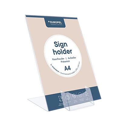 EUROPEL-Sign Holder with Business Card Compartment, L-Standard, A4, Crystal Clear Acrylic, Portrait and Slanted, 350128