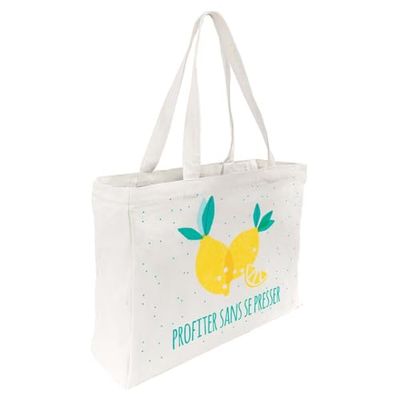 DRAEGER PARIS - Tote bag blanc 100% coton "Profiter sans se presser" - Motif citrons - Sac été, plage, vacances, sport - 41 x 29 x 9 cm - 172 g - 340 g/m²