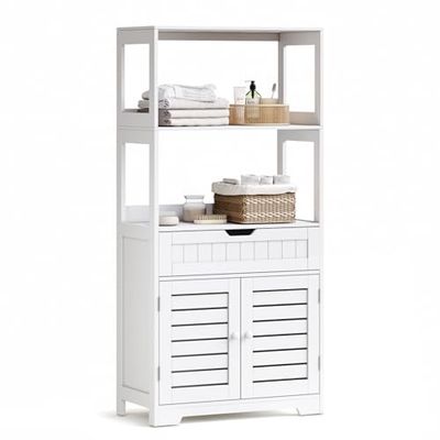 Mondeer Mobile da bagno, mobile portaoggetti con 2 scomparti aperti, 1 cassetto in legno MDF, per bagno, cucina, soggiorno, 60 x 30 x 119 cm, bianco