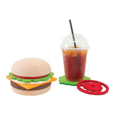 Beyond123 CP8082 Set Hamburger – Una novità Creativa con Un Pratico Uso – 5 sottobicchieri con Supporto in Legno Massiccio, Multicolore, Large