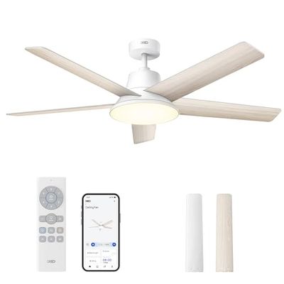 Dreo Intelligente plafondventilator, 132 cm, dimbaar ledlicht, 12 snelheden, 3 modi, 12 uur timer, stille DC-motor, bediening via afstandsbediening/app/Alexa, wit voor binnen
