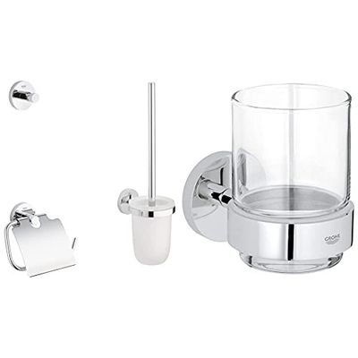 GROHE Set Accessori Bagno 3-in-1 Essentials Cromo, 40407001 + GROHE Bicchiere con Supporto Essentials Cromo, 40447001