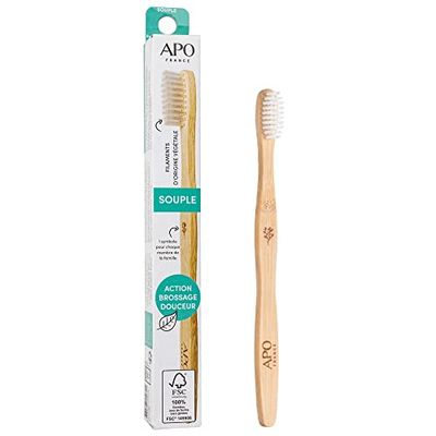 APO France - Zachte tandenborstel, navulbaar, 1 handvat + 2 koppen – recyclebaar, plantaardige filamenten – bamboe – volwassenen – zachte borstel