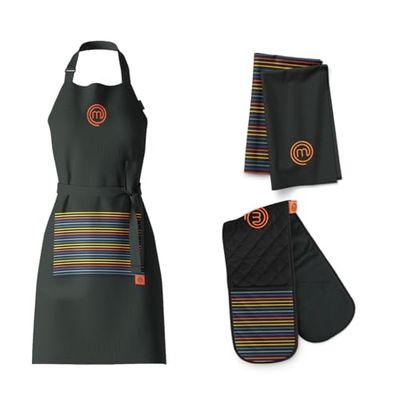 MasterChef Cotton Textiles Kitchen Gift Set, Includes Chef Apron, Double Oven Glove & Pack of 2 Tea Towels, All Items Feature Official Show Logo, Fully Machine Washable, Unisex, Vivid Collection