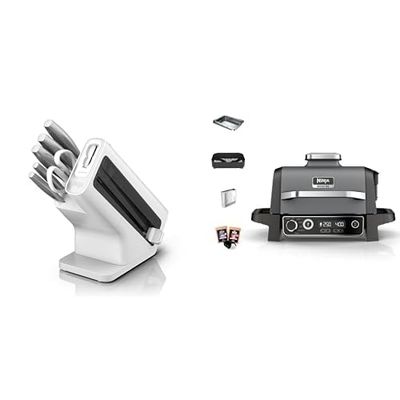 Bloc-couteaux Ninja Foodi StaySharp avec Affûteur, 6 Pièces Aiguisés, en Acier Inoxydable, K62006EUWH + Ninja Woodfire barbecue électrique, grill, fumoir & air fryer, 7 en 1, OG701EU