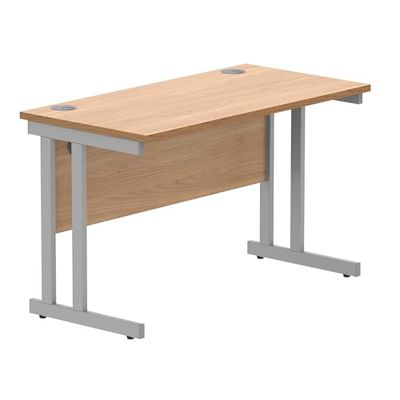 Office Hippo Essentiels Essentials rectangulaire avec Gestion des Ports de câble pour Ordinateur de Bureau ou à Domicile, Dessus en hêtre norvégien, Cadre argenté, 120 x 60 x73cm