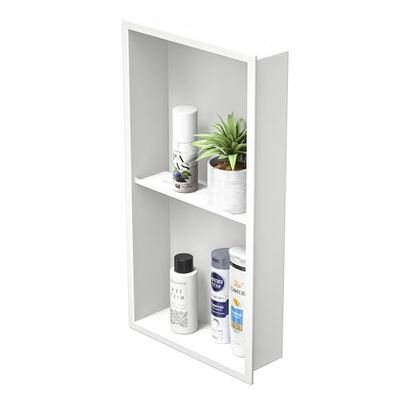 Bernkot Niche de Douche en Acier Inoxydable, 61 x 30,5 cm, Blanc, Pas Besoin de carrelage, Niche Murale, Double étagère, étagère de Douche encastrée pour Rangement de Salle de Bain