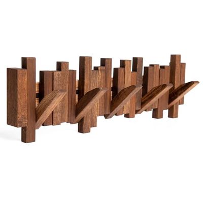 Wandgarderobe van hout, wandgarderobe van 100% hoogwaardig natuurlijk hout, wandgarderobe met 5 haken, innovatief design (donkerbruin)