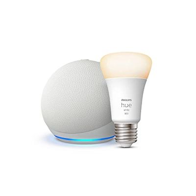 Echo Dot (5ª generazione) | Bianco ghiaccio + Philips Hue White Lampadina LED Smart (E27), compatibile con Alexa - Kit di base per Casa Intelligente
