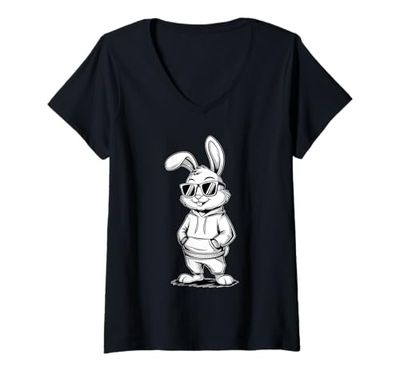 Donna Bunny With Sunglasses And Hoodie Happy Easter Day Bunny Face Maglietta con Collo a V
